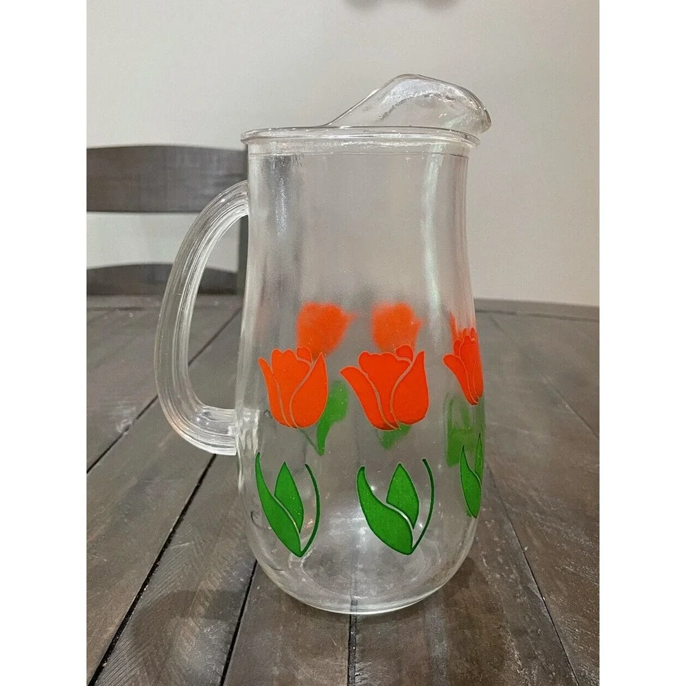 Vintage Red Tulip 1 Quart Glass‎ Pitcher Floral Juice Drink